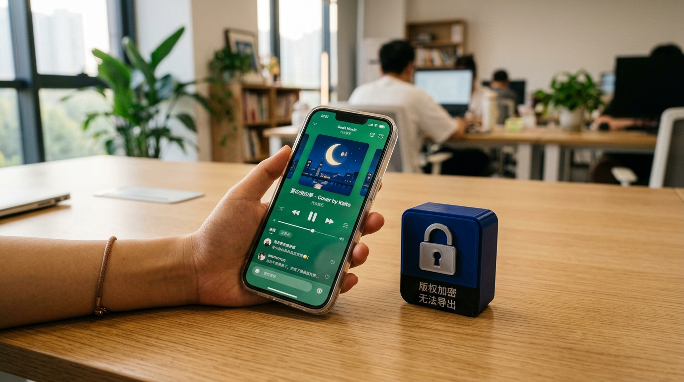 汽水音乐下载与版权缓存限制示意图