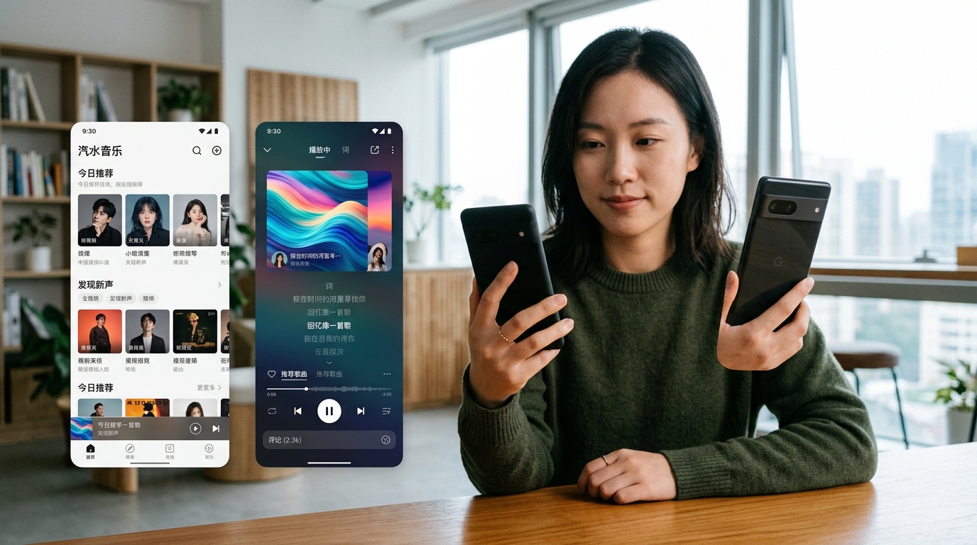 汽水音乐App主界面与播放界面展示其核心推荐功能