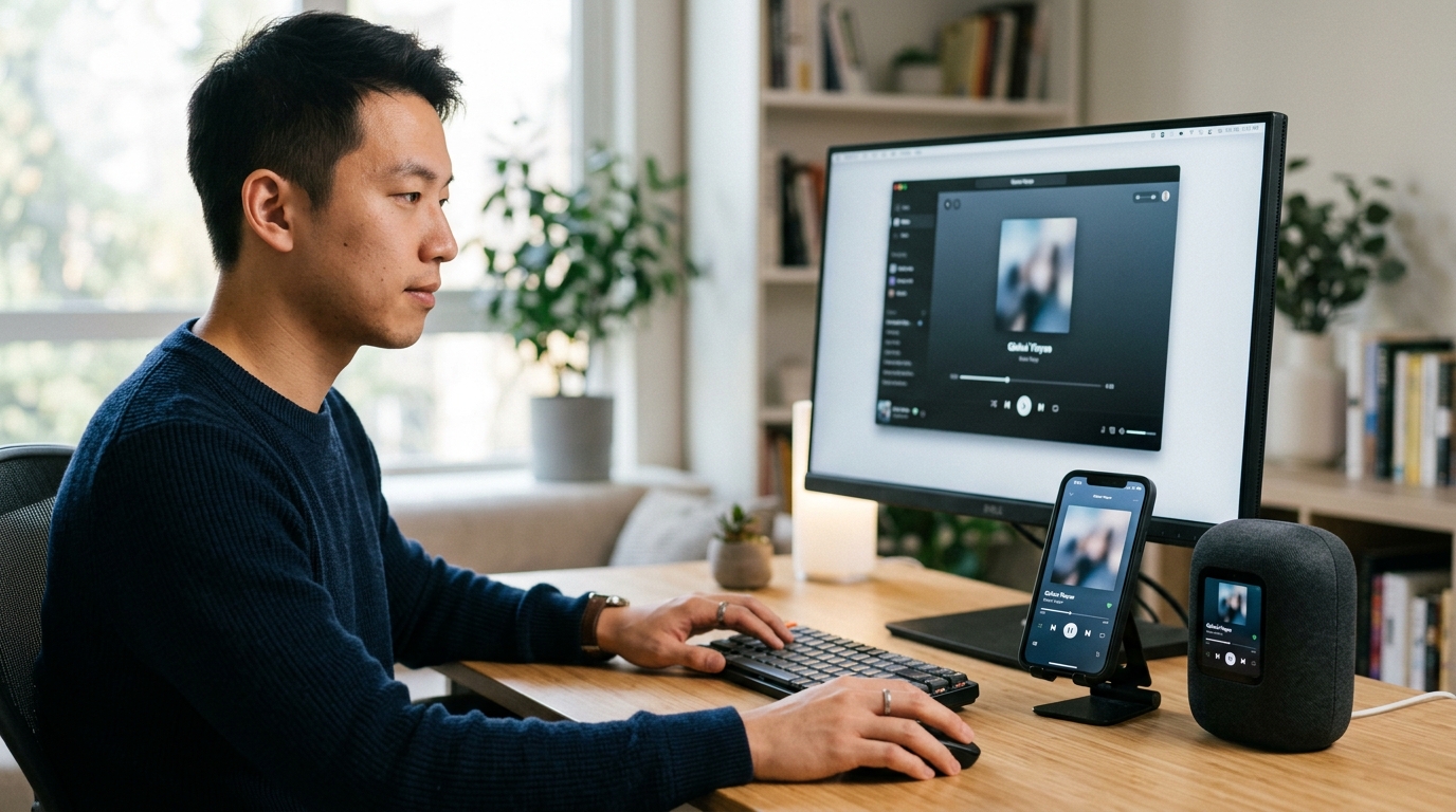 汽水音乐电脑版与手机、智能音箱跨设备同步播放示意图