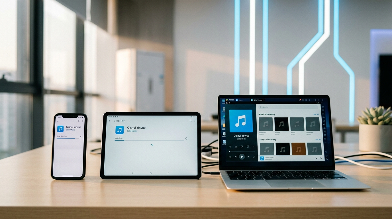 汽水音乐在Android、iOS和PC模拟器上的分步下载安装界面示意图