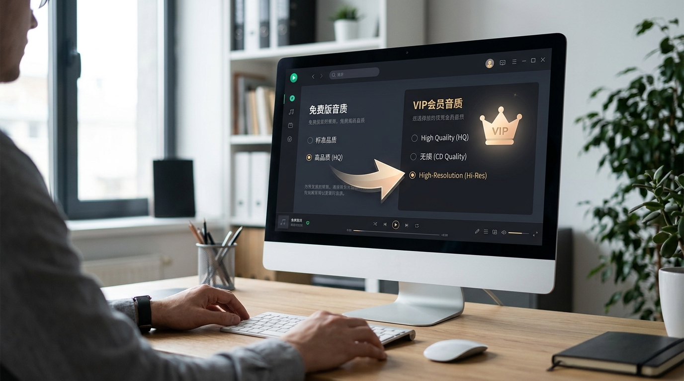 汽水音乐电脑版免费版与VIP会员音质与功能对比示意图