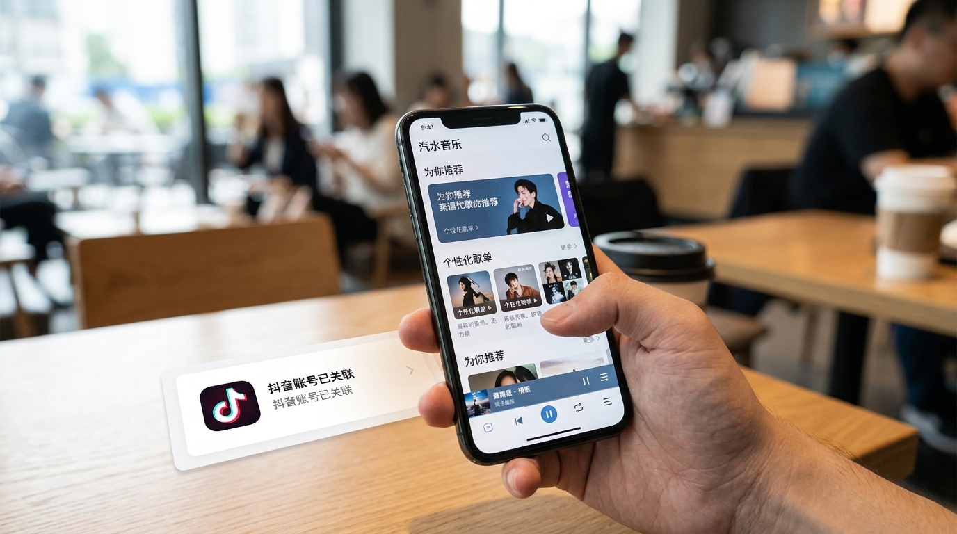 汽水音乐App界面与抖音账号打通示意