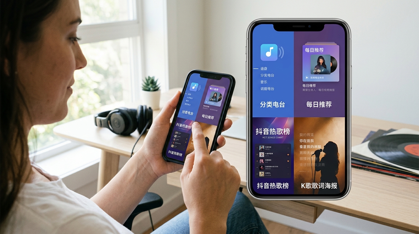 汽水音乐核心功能：分类电台、每日推荐、抖音热歌榜与K歌